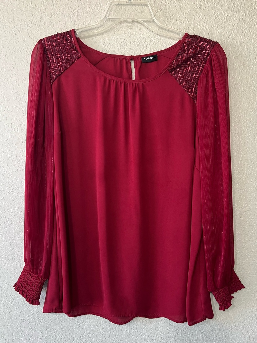 Torrid Women’s Plus Size 1X Red Sheer Chiffon Sequin Shoulder Long Sleeve Blouse